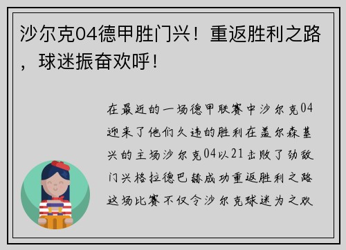 沙尔克04德甲胜门兴！重返胜利之路，球迷振奋欢呼！
