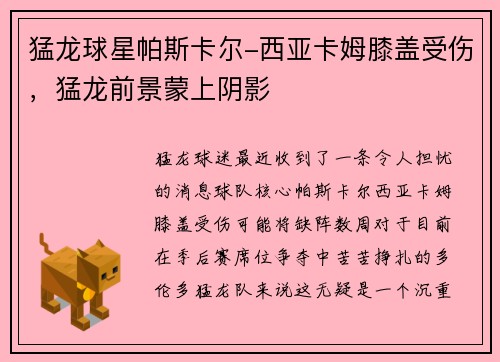 猛龙球星帕斯卡尔-西亚卡姆膝盖受伤，猛龙前景蒙上阴影